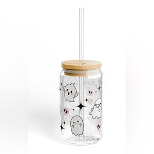 NWT Halloween glass beverage tumbler with ghosts, skulls, bows. Includes straw